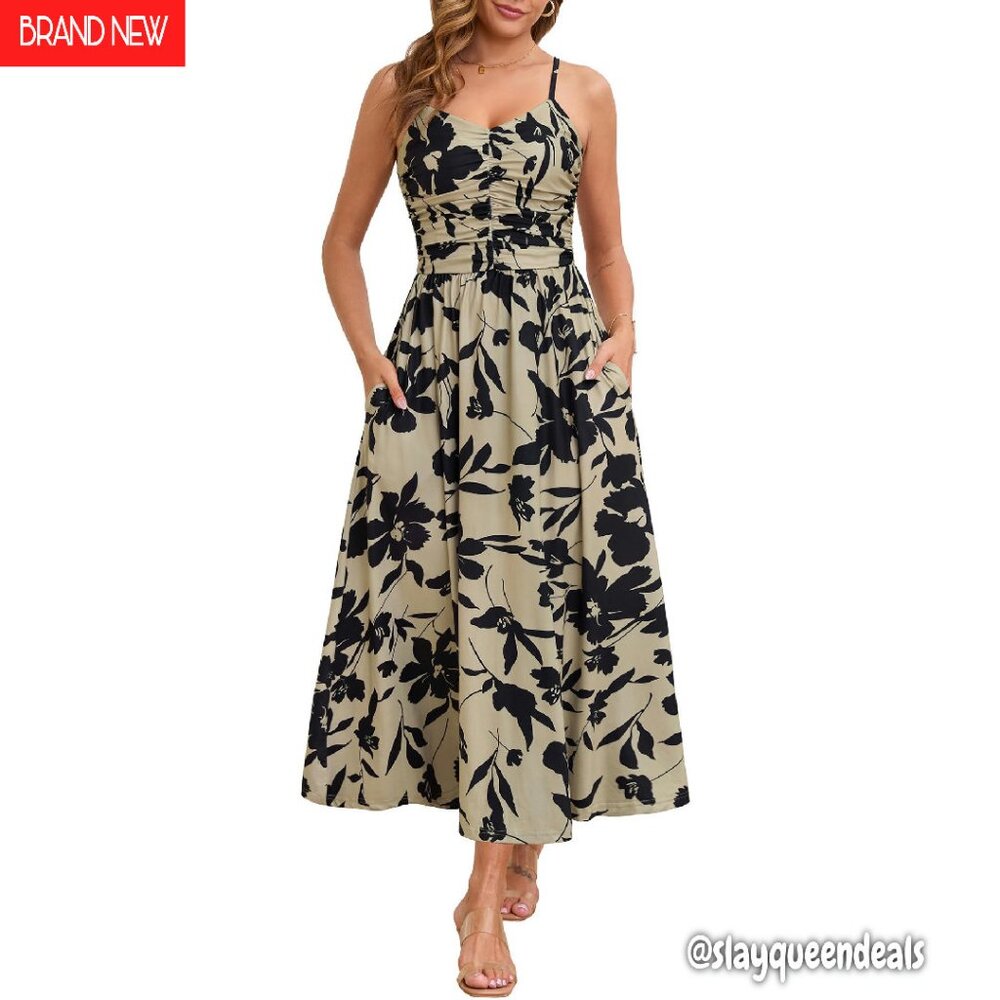 Ruched Maxi Dress With Pockets Adjustable Straps Floral Print